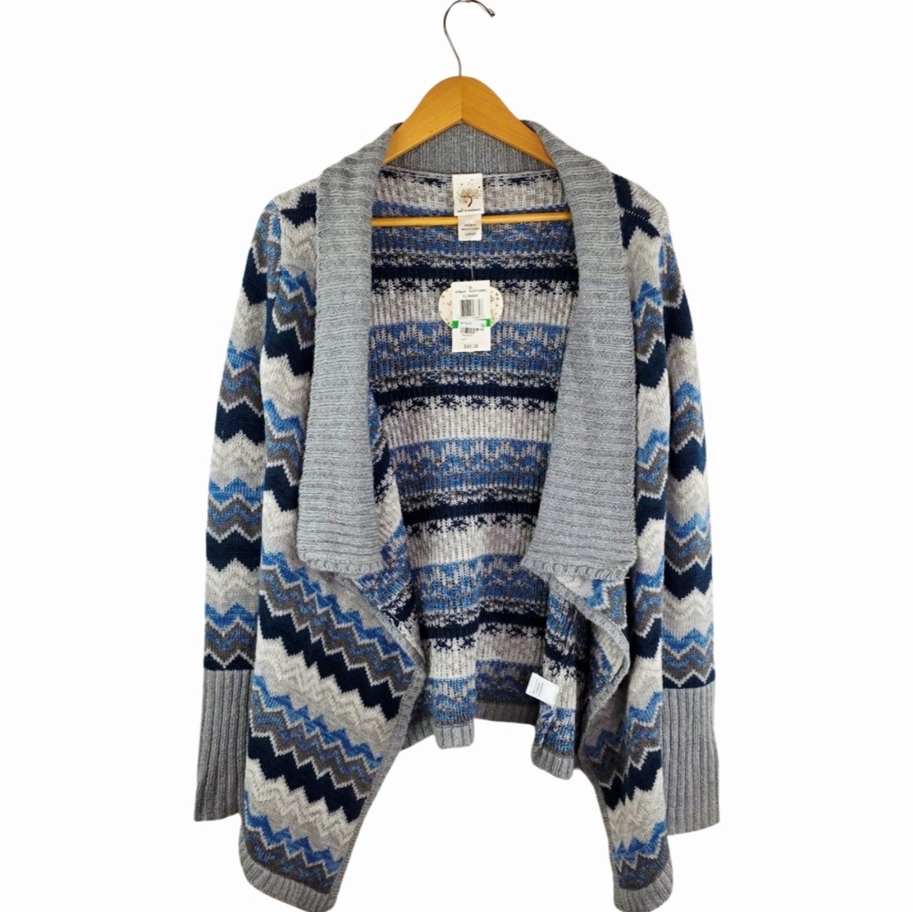 Self Esteem Cozy Gray and Blue Stripped Patterned Women's Sweater Cardigan Large